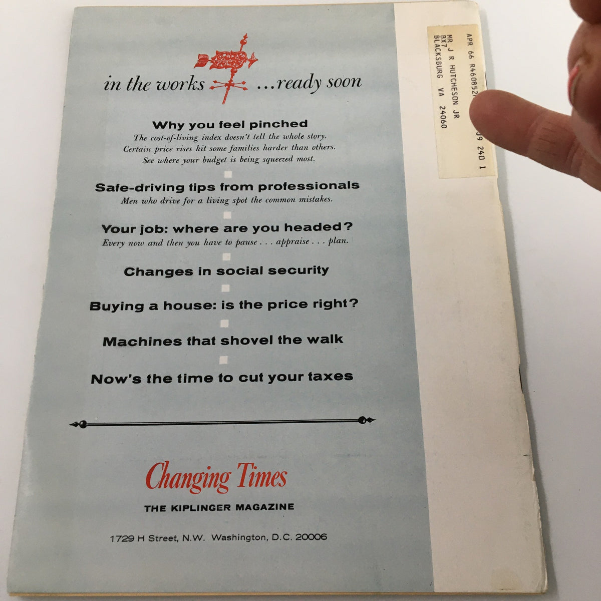 Back cover of VTG Changing Times Magazine October 1964, featuring articles on budgeting, career planning, and social security with a vintage blue design. Perfect for collectors and enthusiasts of historical publications.
