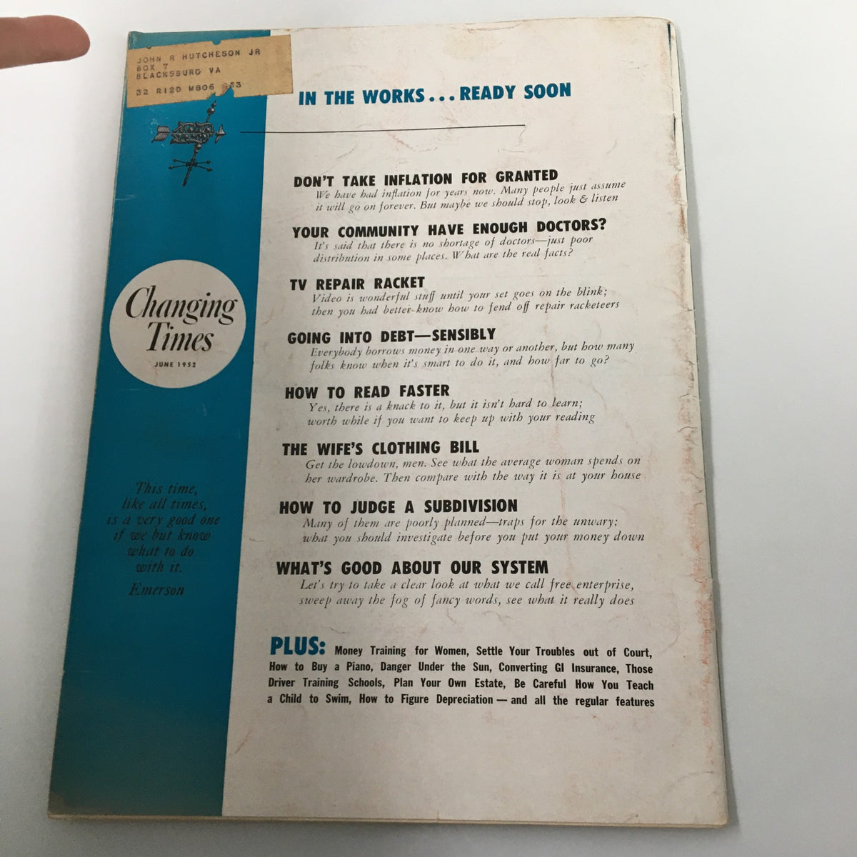 Back cover of VTG Changing Times Magazine June 1952 highlighting future content and features of upcoming issues.
