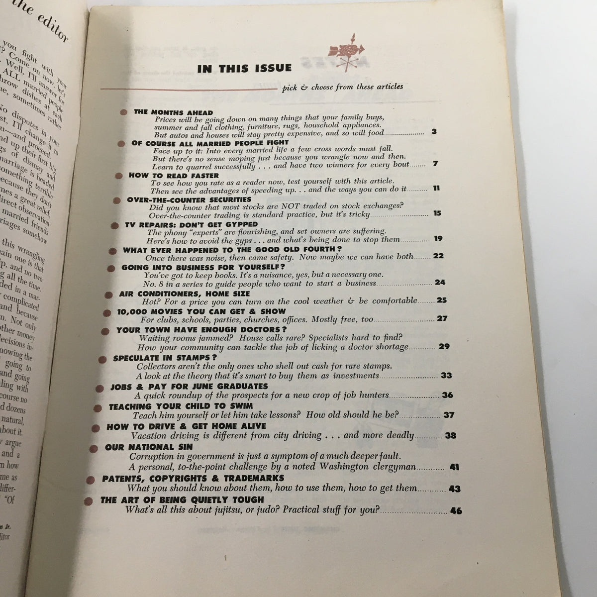 Contents page of the Changing Times magazine, July 1952, outlining various articles including 'Of Course All Married People Fight' and topics relevant to the 1950s.
