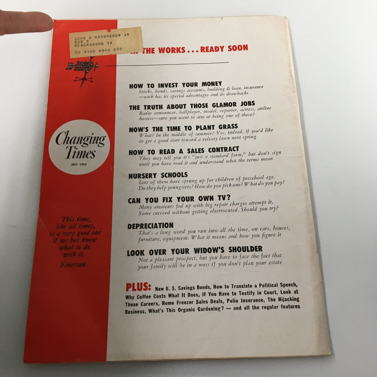 Back cover of the Changing Times magazine, July 1952, showcasing the title and a list of intriguing articles related to finance and practical advice.