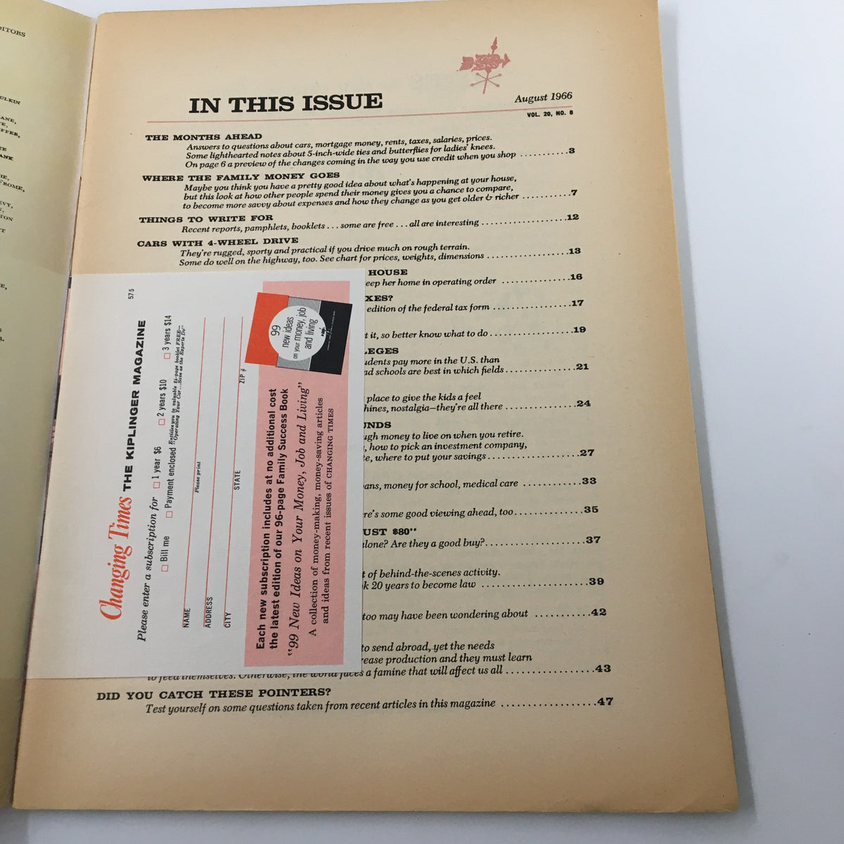 Inside page of VTG Changing Times Magazine August 1966 displaying the contents section, highlighting financial topics and an advertisement for subscriptions.