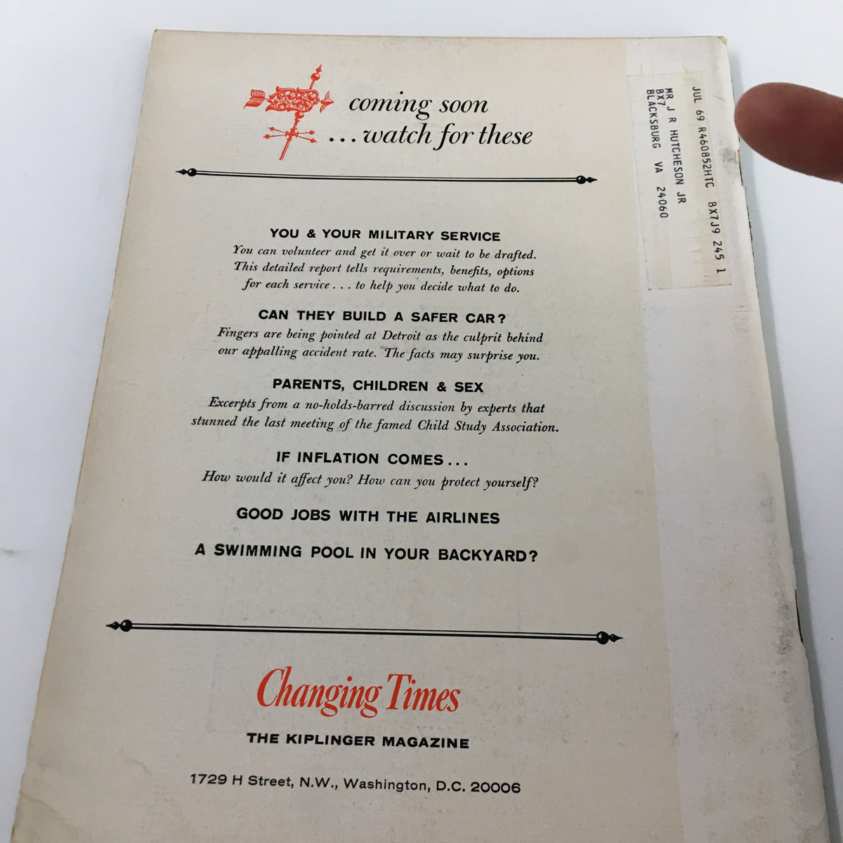 Back cover of VTG Changing Times Magazine May 1966 highlighting upcoming article topics and the magazine's publishing details.