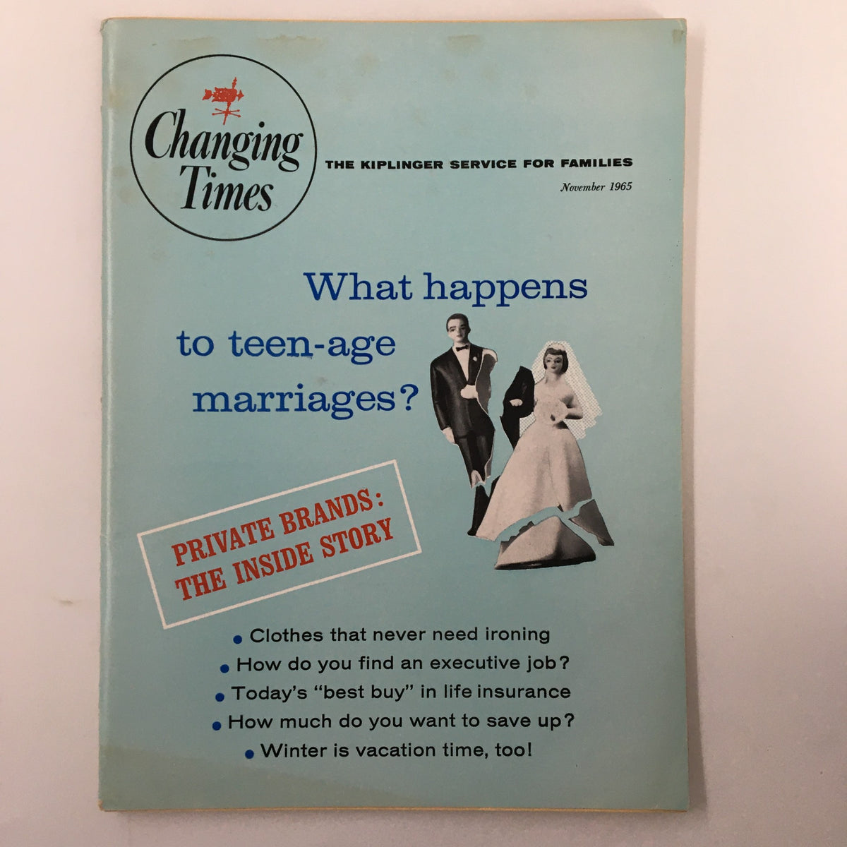 Cover of VTG Changing Times Magazine November 1965, featuring the title 'What Happens to Teen-Age Marriages?' with illustrations of a bride and groom.