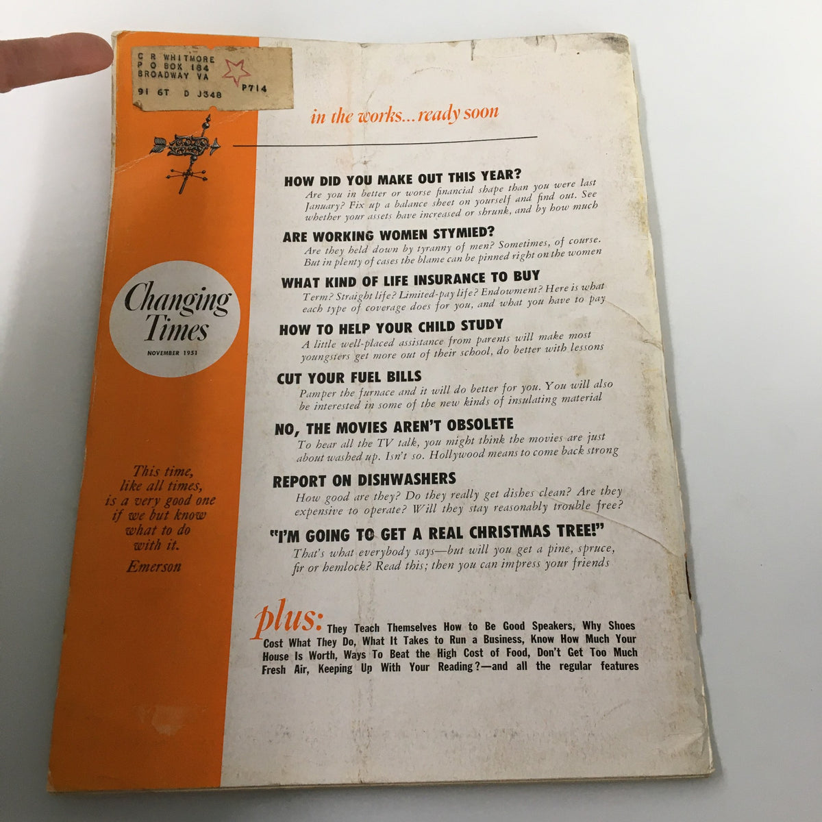 Back cover of the VTG Changing Times Magazine November 1951, showcasing upcoming features and articles related to family and home advice.