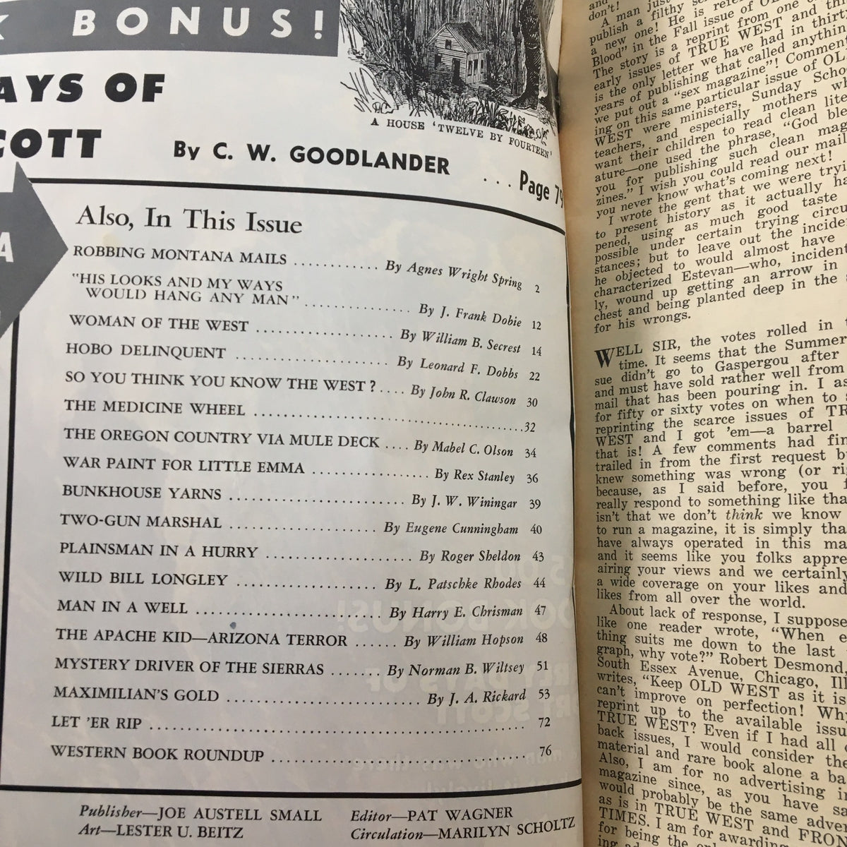 Inside page of VTG Old West Magazine Winter 1965, featuring contents list and historical articles related to the Early Days of Fort Scott.