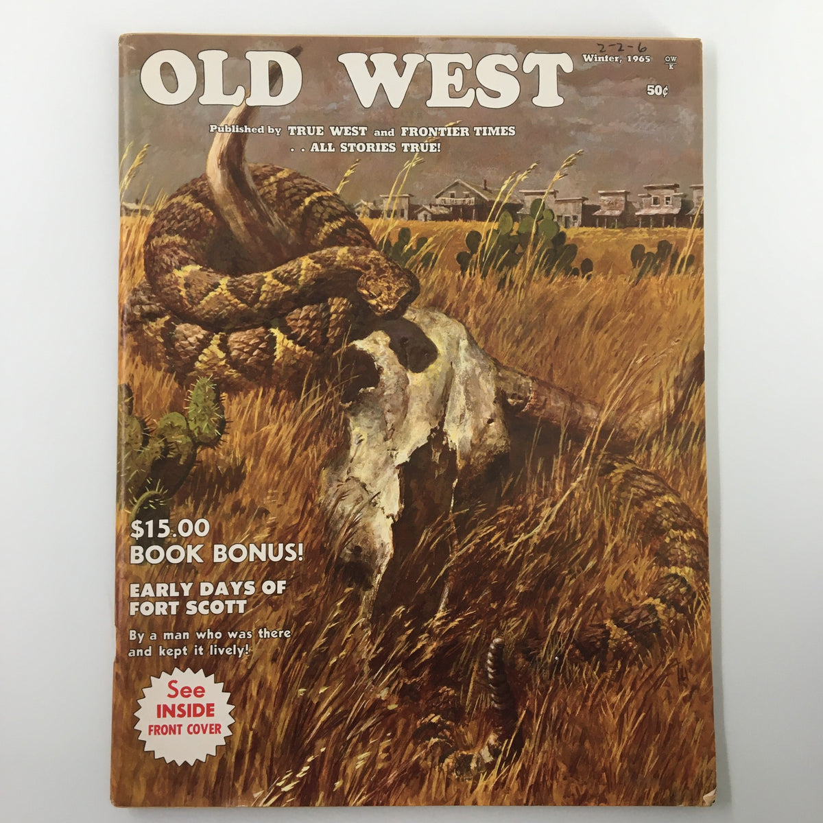 VTG Old West Magazine Winter 1965 cover featuring a striking illustration of a rattlesnake coiled around a cow skull in a grassy landscape, highlighting the adventurous tales from Montana's history.