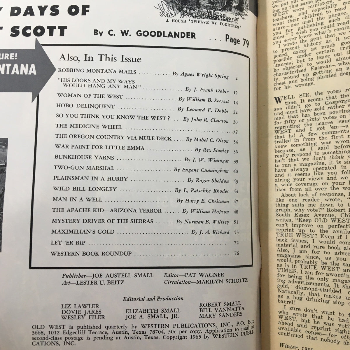 Interior page of VTG Old West Magazine Winter 1965 featuring article titles including 'Robbing Montana Mails' and more, perfect for collectors and history enthusiasts.