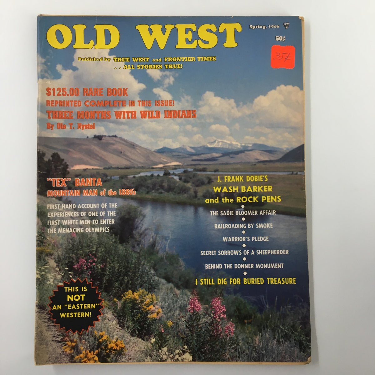 Cover of VTG Old West Magazine Spring 1966 showcasing 'Wash Barker and the Rock Pens' with a scenic landscape background and various articles listed, including a price sticker of 37 cents.
