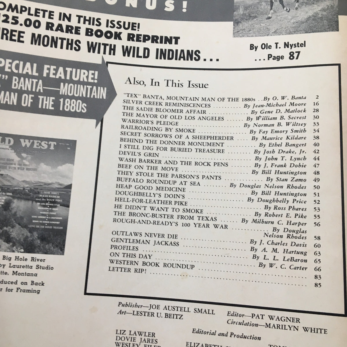 Contents page of the VTG Old West Magazine Spring 1966, featuring articles including 'Wash Barker and the Rock Pens' and various topics related to Old West history.