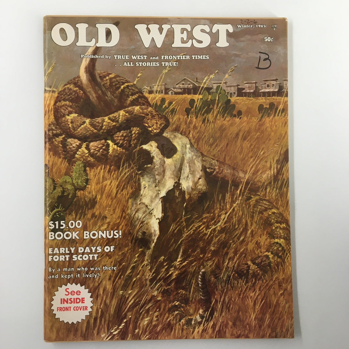 Cover of VTG Old West Magazine Winter 1965, featuring a rattlesnake coiled around a bone in a grassy field, highlighting the art and storytelling of the American West.