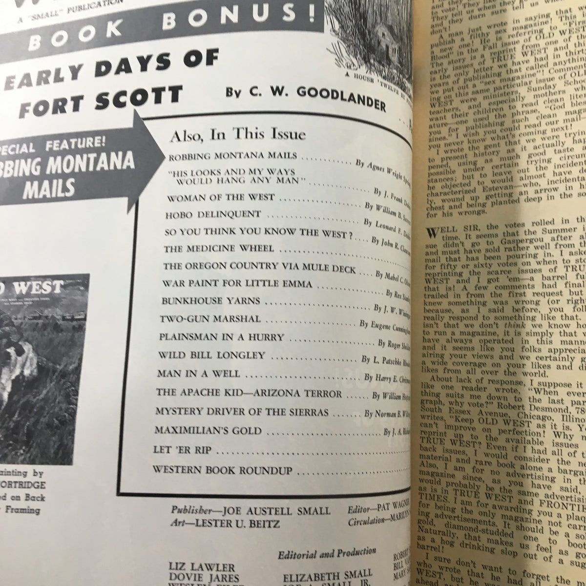 Interior page from VTG Old West Magazine Winter 1965, displaying the table of contents including articles like 'Mystery Driver of the Sierras,' showcasing highlights of vintage Western literature.