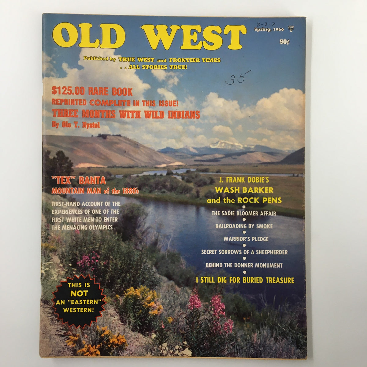 Cover image of VTG Old West Magazine Spring 1966 featuring Tex Banta, Mountain Man of the 1880's, with scenic landscape background.