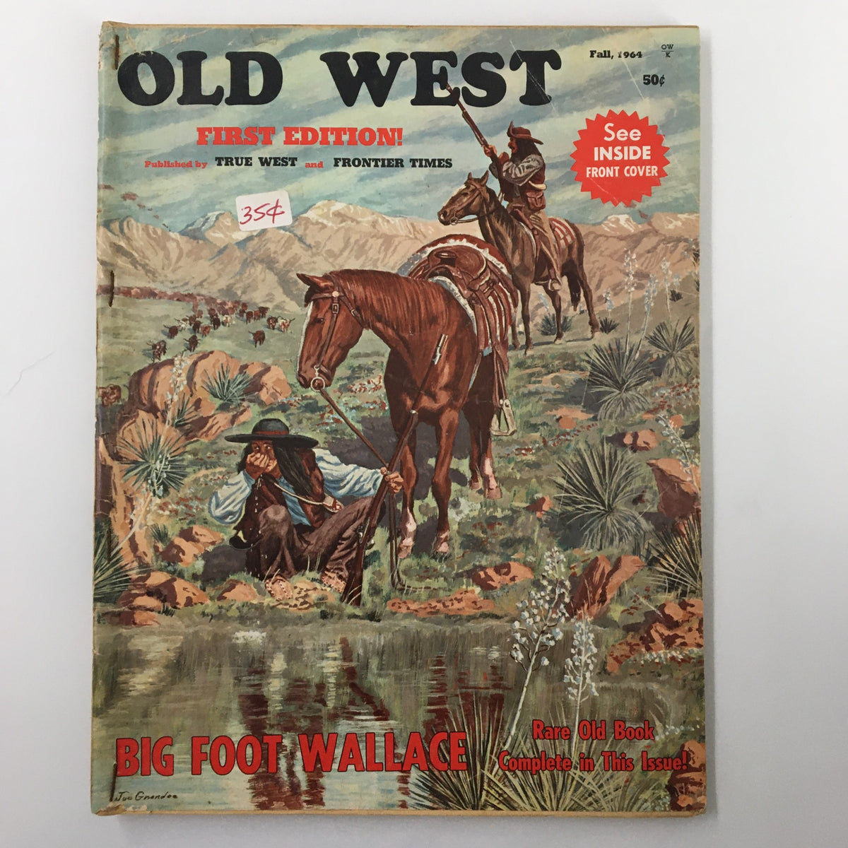 Cover of the VTG Old West Magazine Fall 1964 featuring Big Foot Wallace. The artwork showcases two cowboys on horseback amidst a landscape, highlighting the vintage charm and historical significance of the publication.