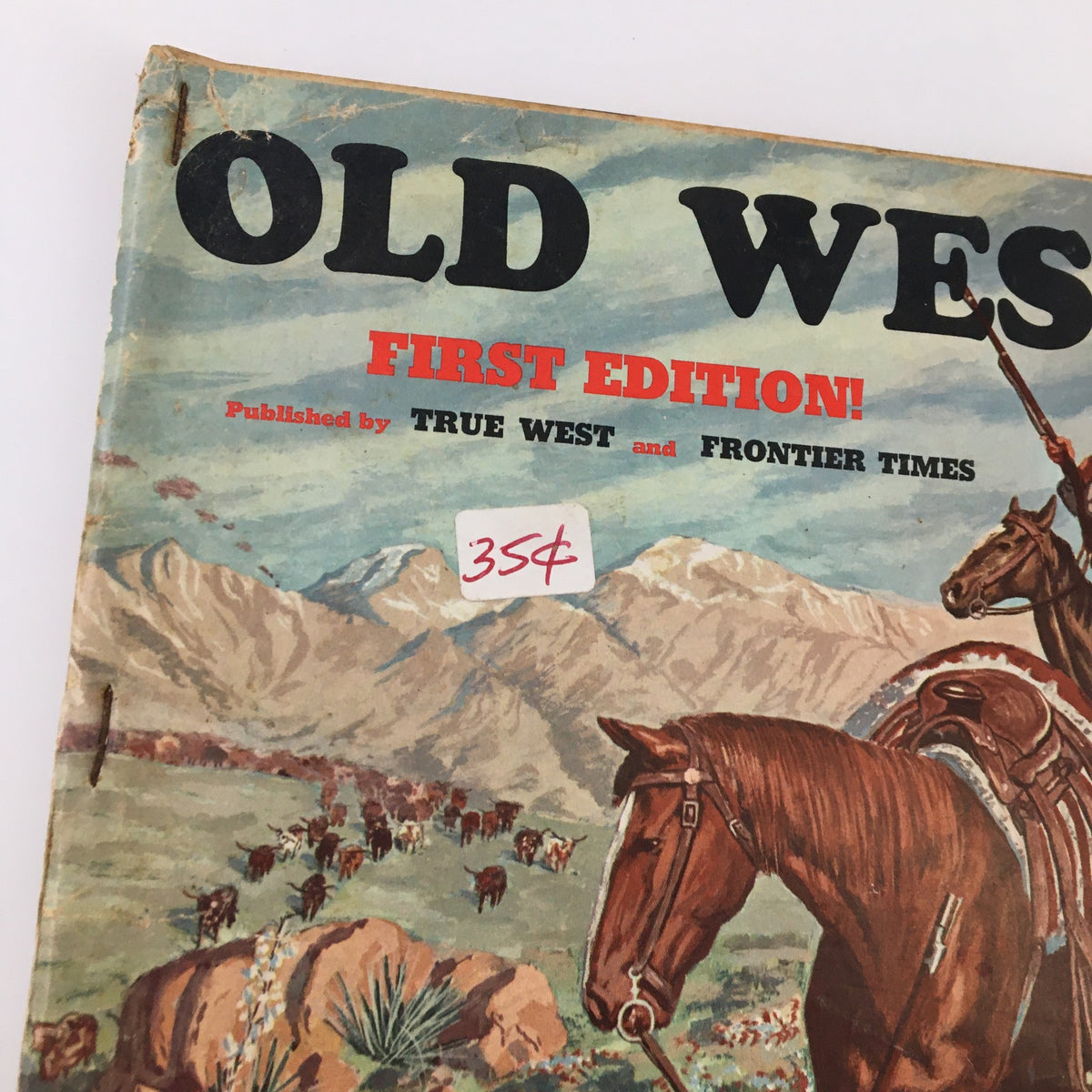Cover of the VTG Old West Magazine Fall 1964, titled 'OLD WEST FIRST EDITION', featuring a scenic mountain background and a horse with a cowboy, highlighting the theme of American Western history.