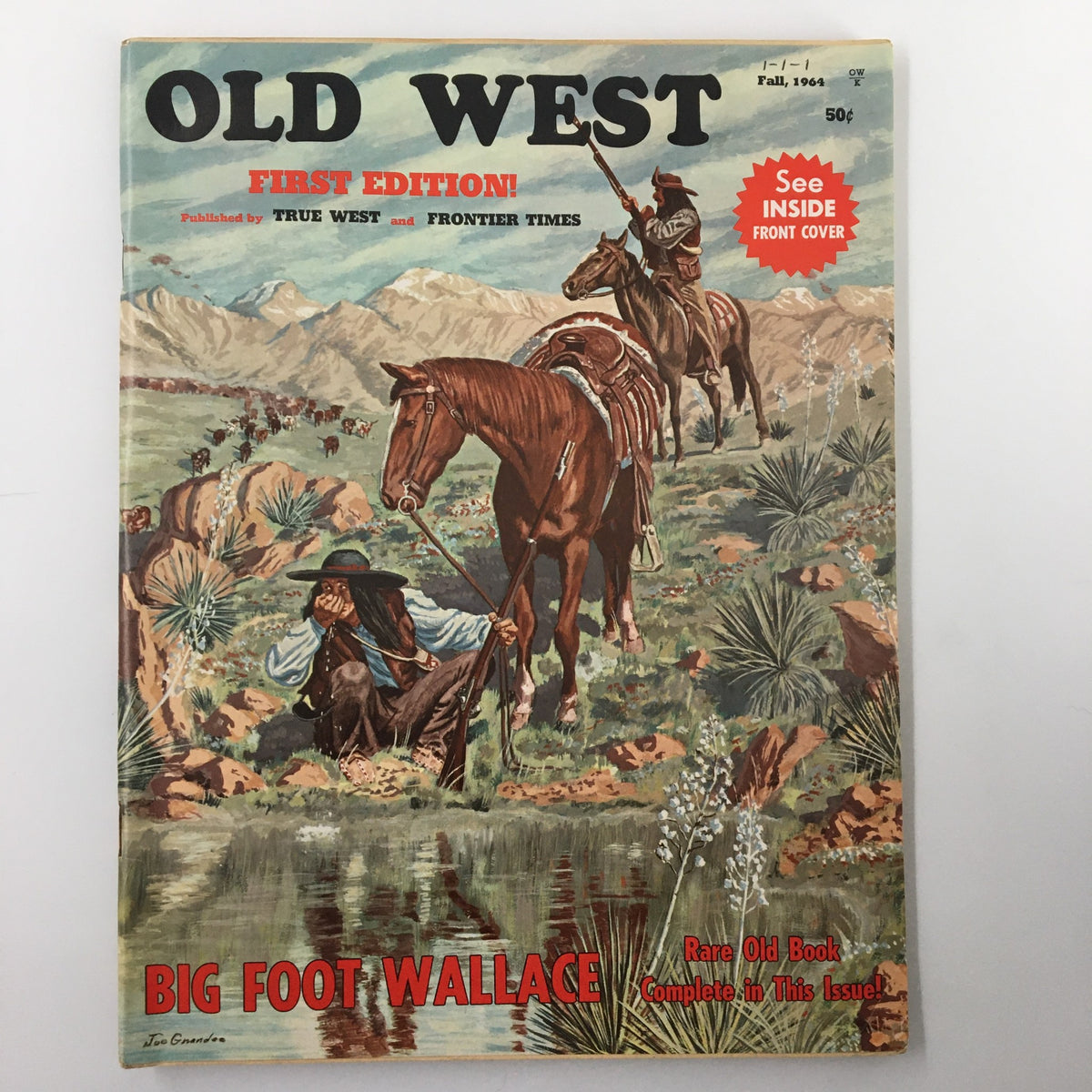 Cover of VTG Old West Magazine Fall 1964 featuring art of two cowboys on horseback in front of a picturesque landscape with text highlighting 'BIG FOOT WALLACE' and 'FIRST EDITION'.