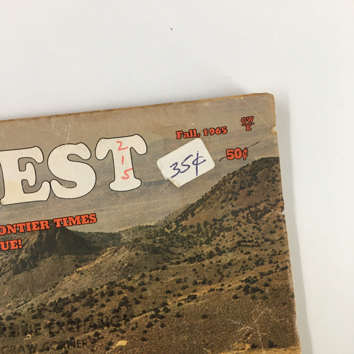 Close-up of the title section of VTG Old West Magazine Fall 1965 showing pricing and publication details, highlighting its vintage appeal.