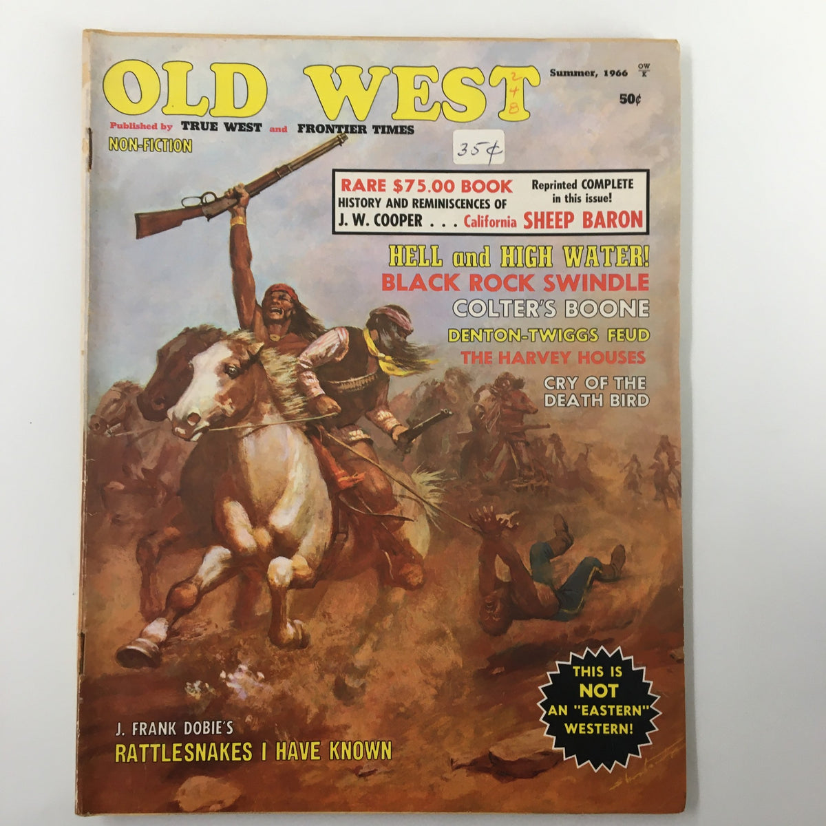 VTG Old West Magazine Summer 1966 featuring Bert Casey and The Hughes Ranch, showcasing a cover illustration with a western scene, prominent text highlighting article topics and a price sticker.