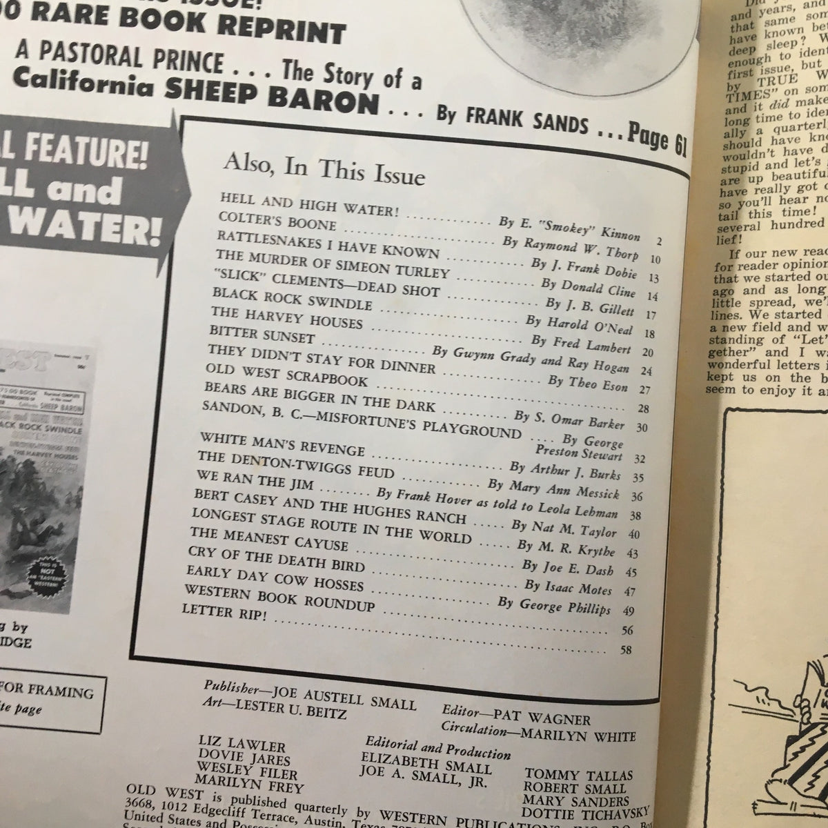 Inside page of VTG Old West Magazine Summer 1966, listing articles including Bert Casey and The Hughes Ranch, highlighting topics related to Western history.