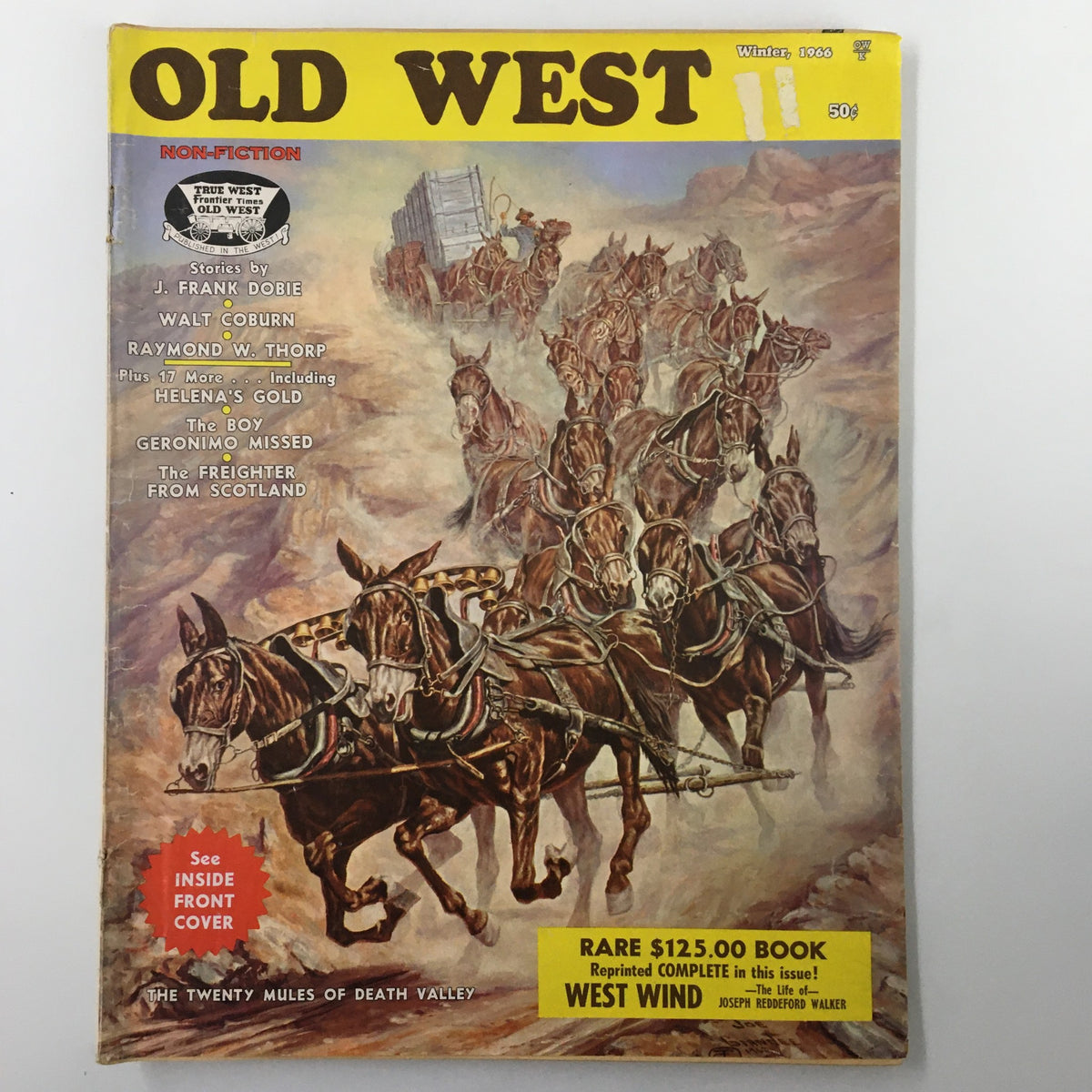 Cover image of VTG Old West Magazine Winter 1966 featuring an illustration of horses and wagons, highlighting the article 'Headhunting Was Their Hobby'.