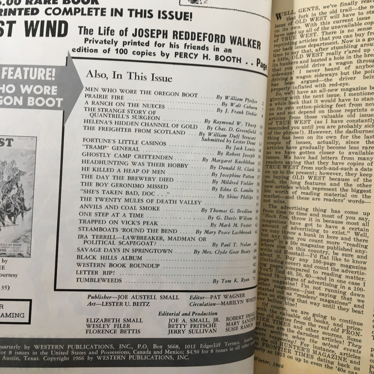 Interior page of VTG Old West Magazine Winter 1966 featuring the article 'Headhunting Was Their Hobby', showcasing various contents and main articles listed including notable pieces on the culture and history of the American West.