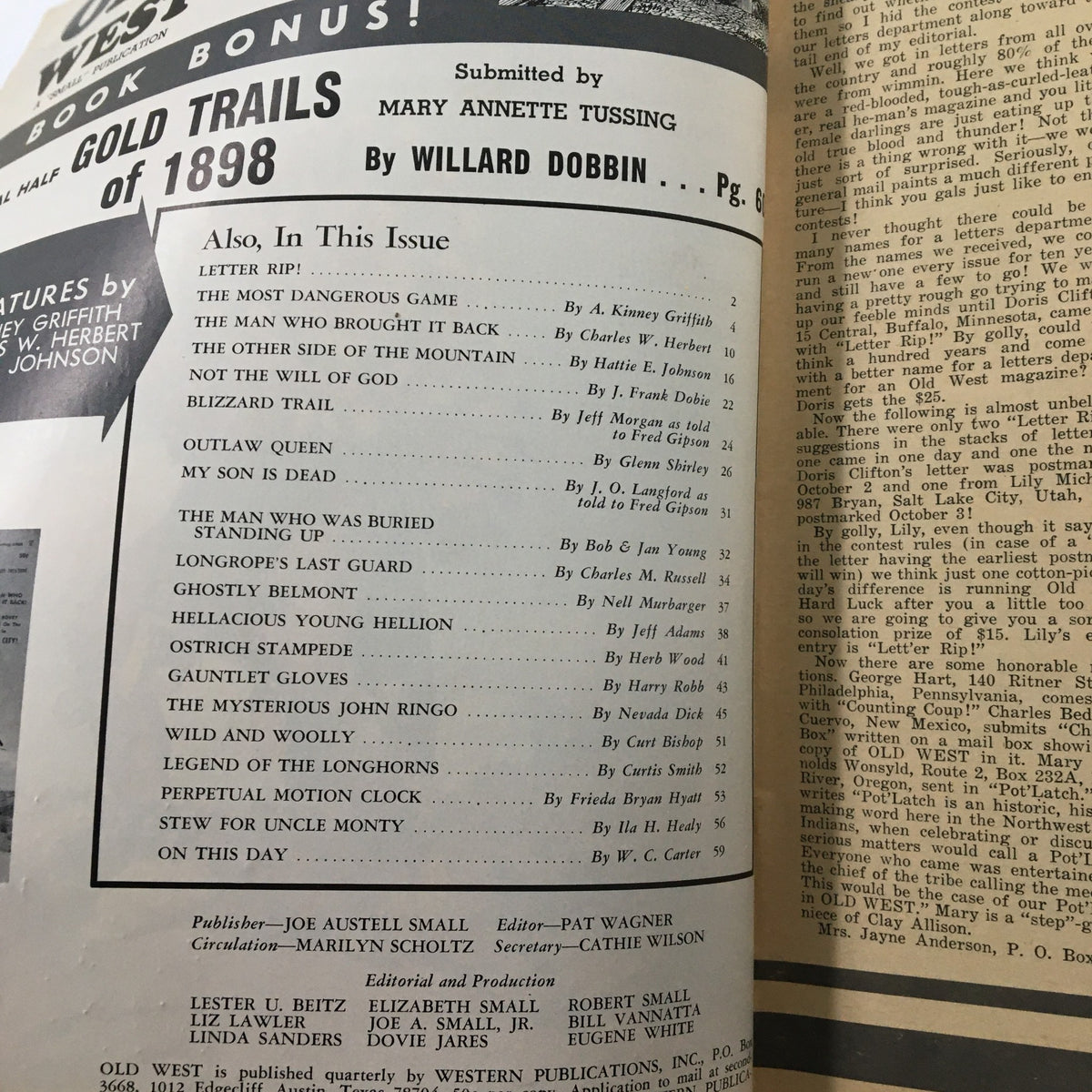 Inside page of VTG Old West Magazine Spring 1965 detailing the table of contents, including the feature 'The Man Who Was Buried Standing Up' among other stories.