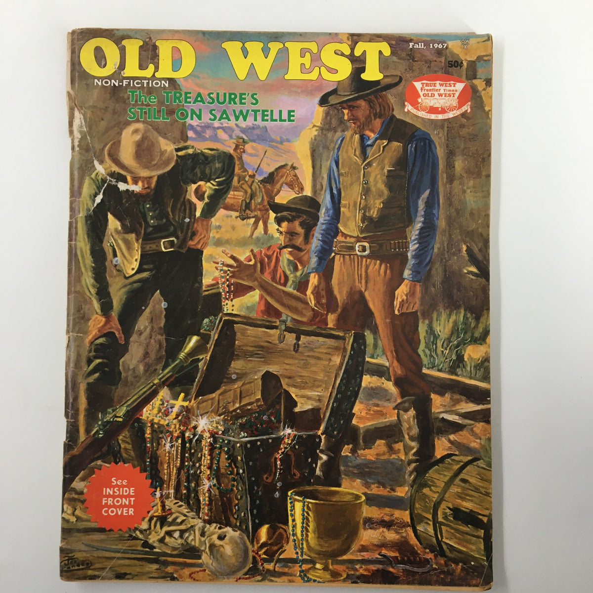 Vintage Old West Magazine Fall 1967 cover featuring the main story 'The Treasure's Still On Sawtelle', showcasing illustrations of treasure hunters gathering around a chest of jewels.