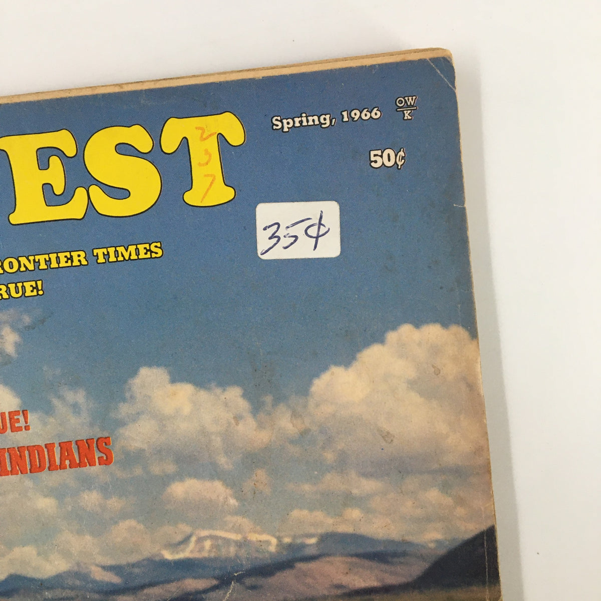 Top section of VTG Old West Magazine Spring 1966 displaying magazine title and price with a clear sky background.