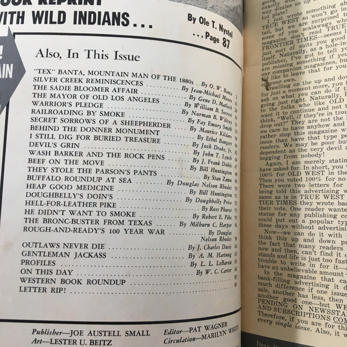 Interior page of VTG Old West Magazine Spring 1966 showing contents and articles related to Old West history, including Rough-and-Ready's 100 Year War.