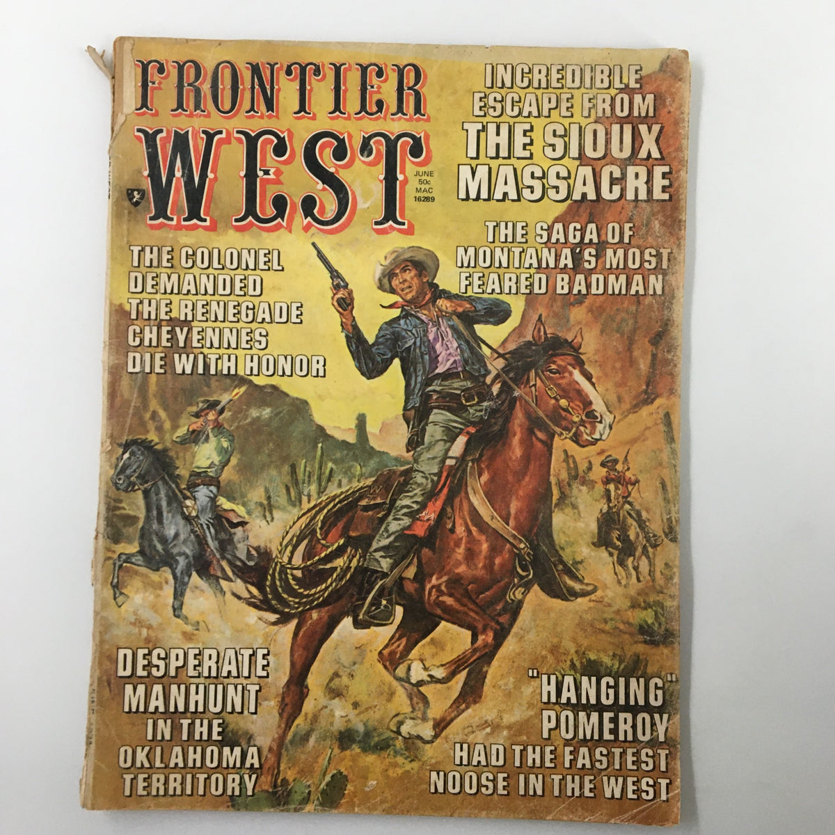Frontier West Magazine June 1971 Vol. 1 #2 featuring the cover story 'The Sioux Massacre', showcasing cowboy illustrations and historic themes of the American frontier.
