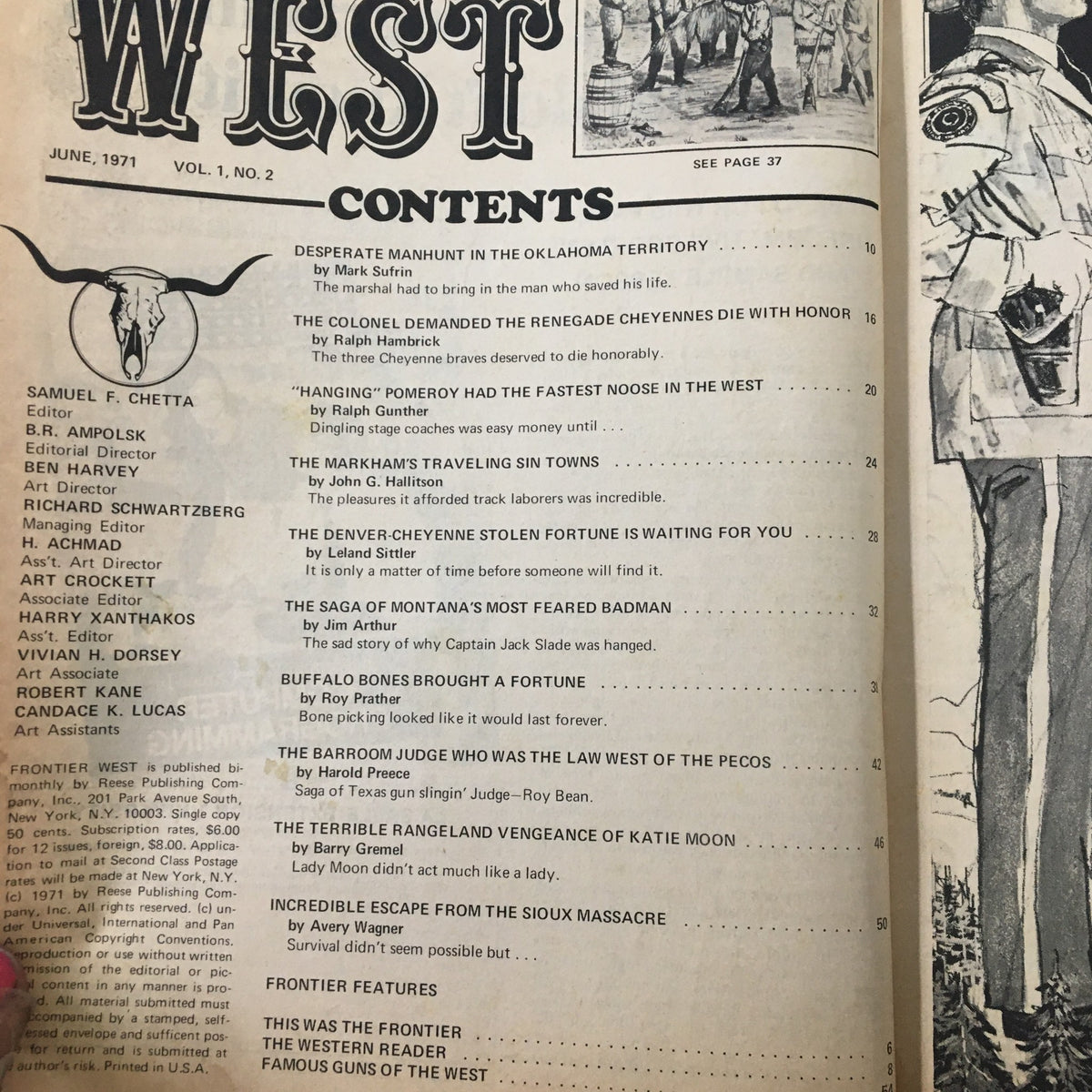 Contents page from the VTG Frontier West Magazine June 1971 Vol. 1 #2 'The Sioux Massacre', listing featured articles and stories related to the American frontier.