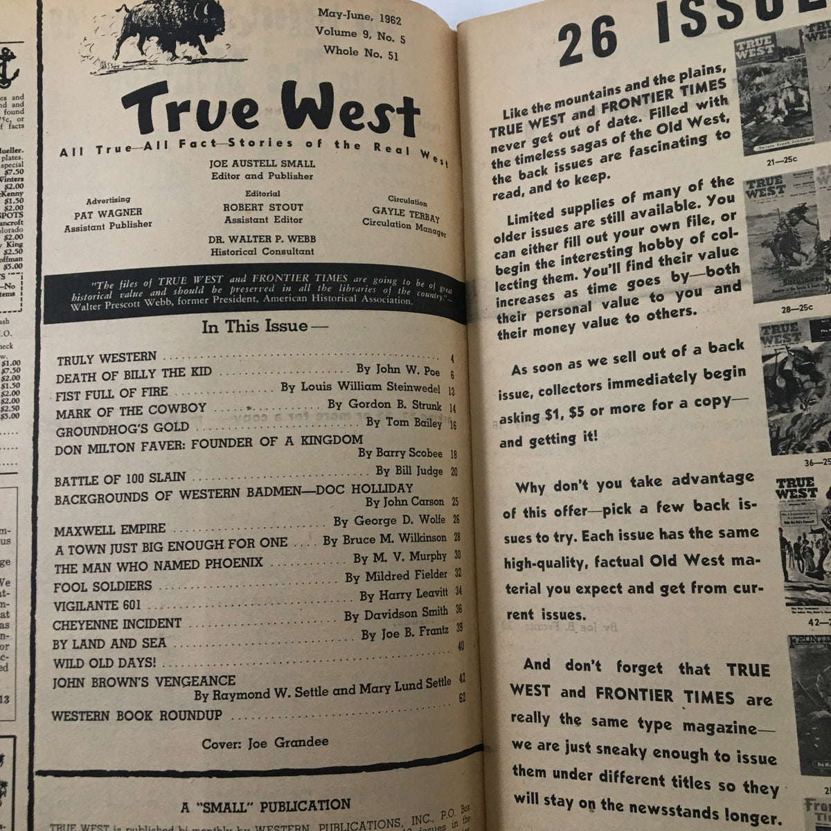 Inside page of True West Magazine June 1962 Vol 9 #5 showcasing the table of contents and editorial details, featuring the cover story 'The Man Who Named Phoenix'.