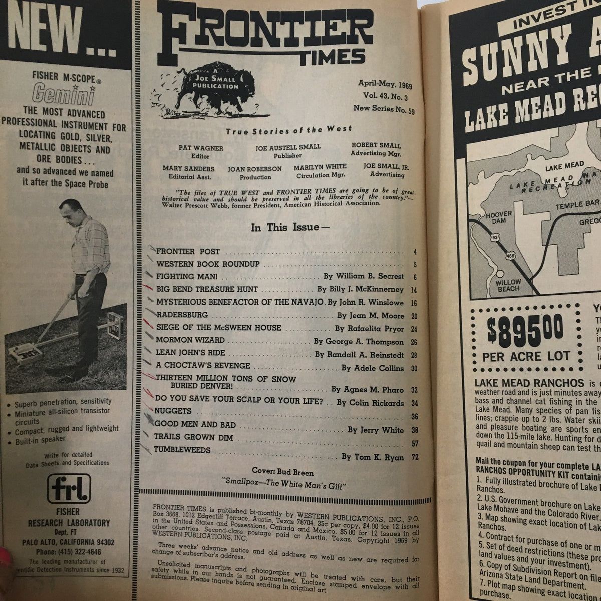 Interior page of May 1969 Frontier Times Magazine displaying the table of contents and vintage advertisements, with a focus on the 'Siege of The McSween House' article, emphasizing the magazine's publication details and historical context.