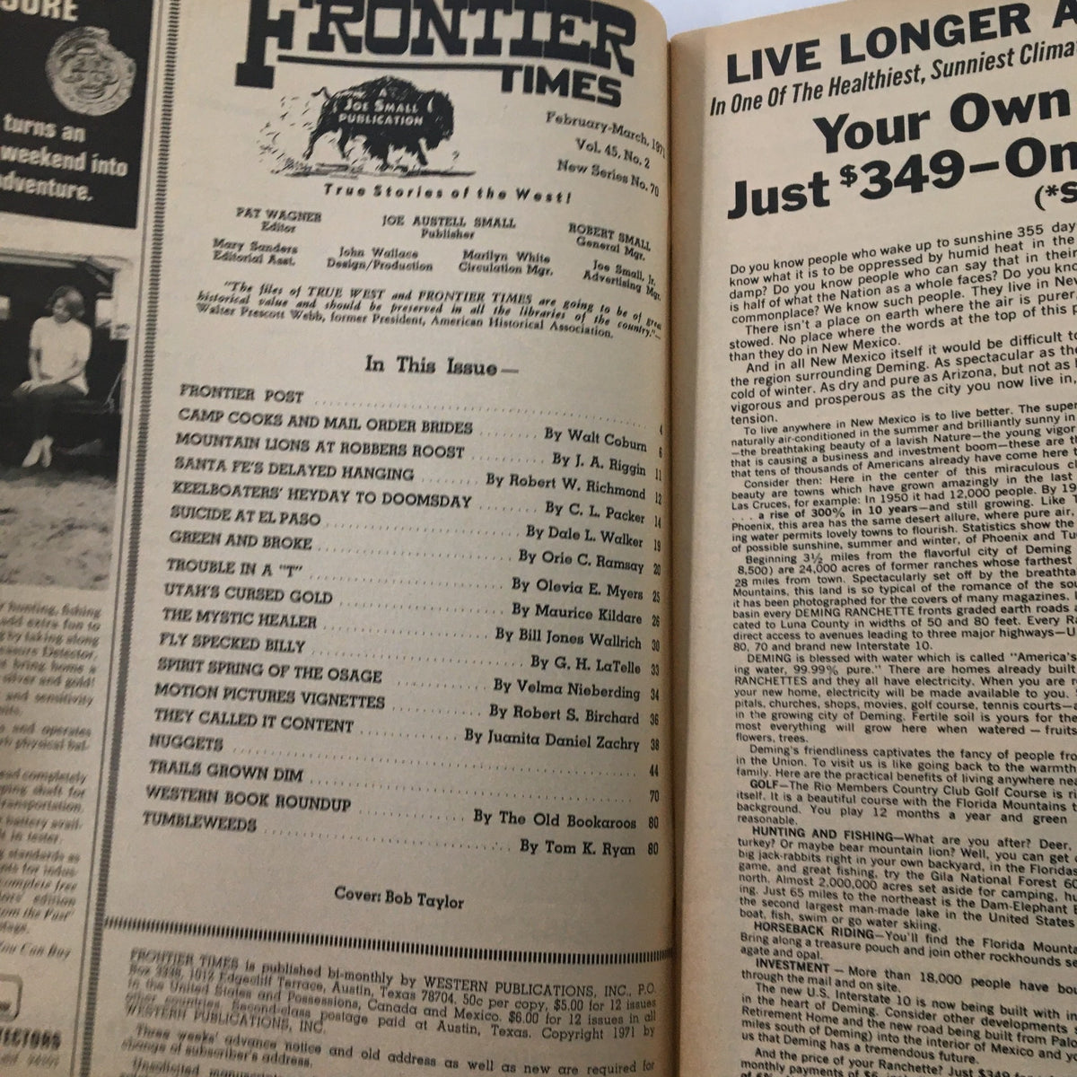 Interior page of VTG Frontier Times Magazine March 1971 showcasing articles, including 'Santa Fe's Delayed Hanging' and editorial content.
