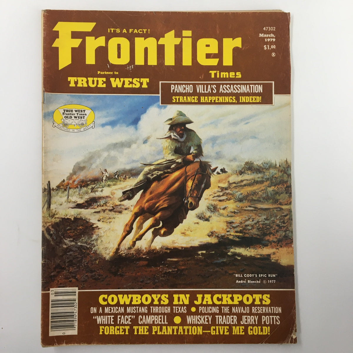 Cover of VTG Frontier Times Magazine March 1979 featuring Bill Cody's Epic Run, showcasing Western art and article highlights.