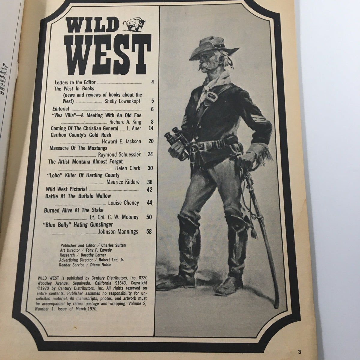 Inside page of VTG Wild West Magazine March 1970 Vol 2 #1 displaying the table of contents, listing various articles including 'Burned Alive At The Stake' and 'Blue Belly Hating Gunslinger'.