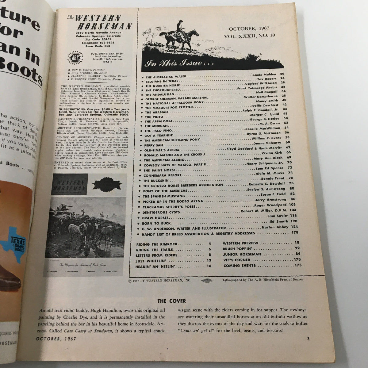 Page from the VTG Western Horseman Magazine October 1967, showcasing the contents including articles on the Australian Waler horse and various features related to Western horsemanship.