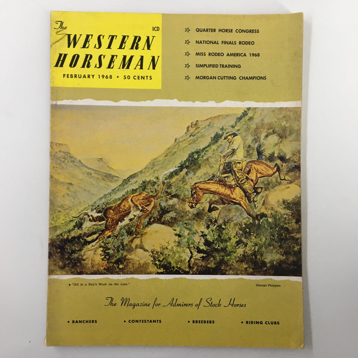 Cover of VTG Western Horseman Magazine February 1968, featuring a cowboy on horseback with a mountain backdrop, focused on the legendary Will Rogers.