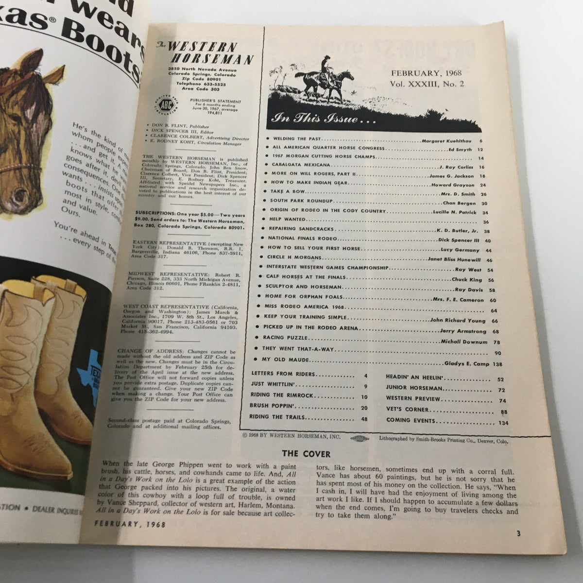 Inside spread of VTG Western Horseman Magazine February 1968, displaying the contents page with articles including insights on Will Rogers and Western equestrian culture.