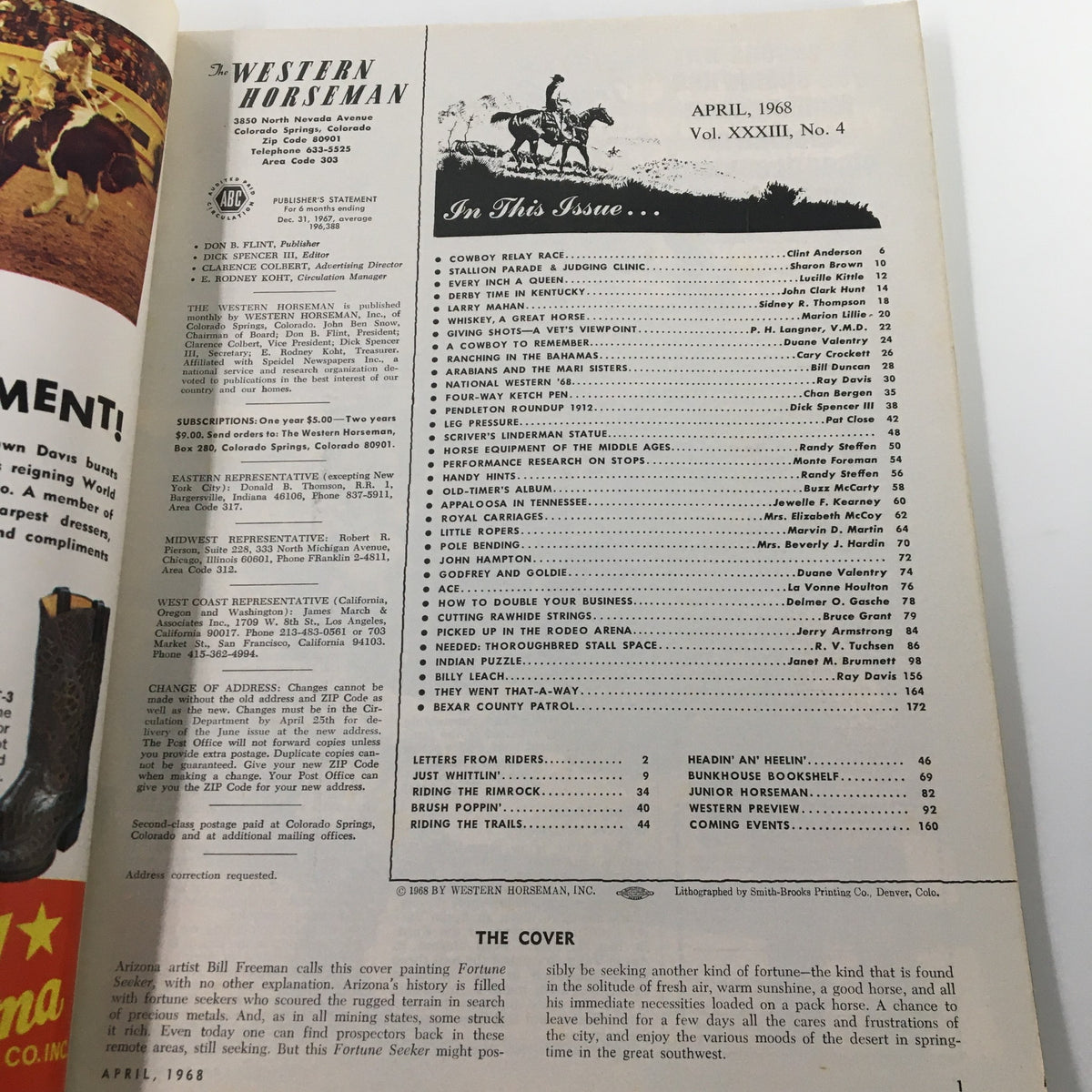 Inside page of VTG Western Horseman Magazine April 1968, featuring the table of contents with articles related to horse racing and equestrian culture, showcasing the magazine's significance during Derby Time in Kentucky.