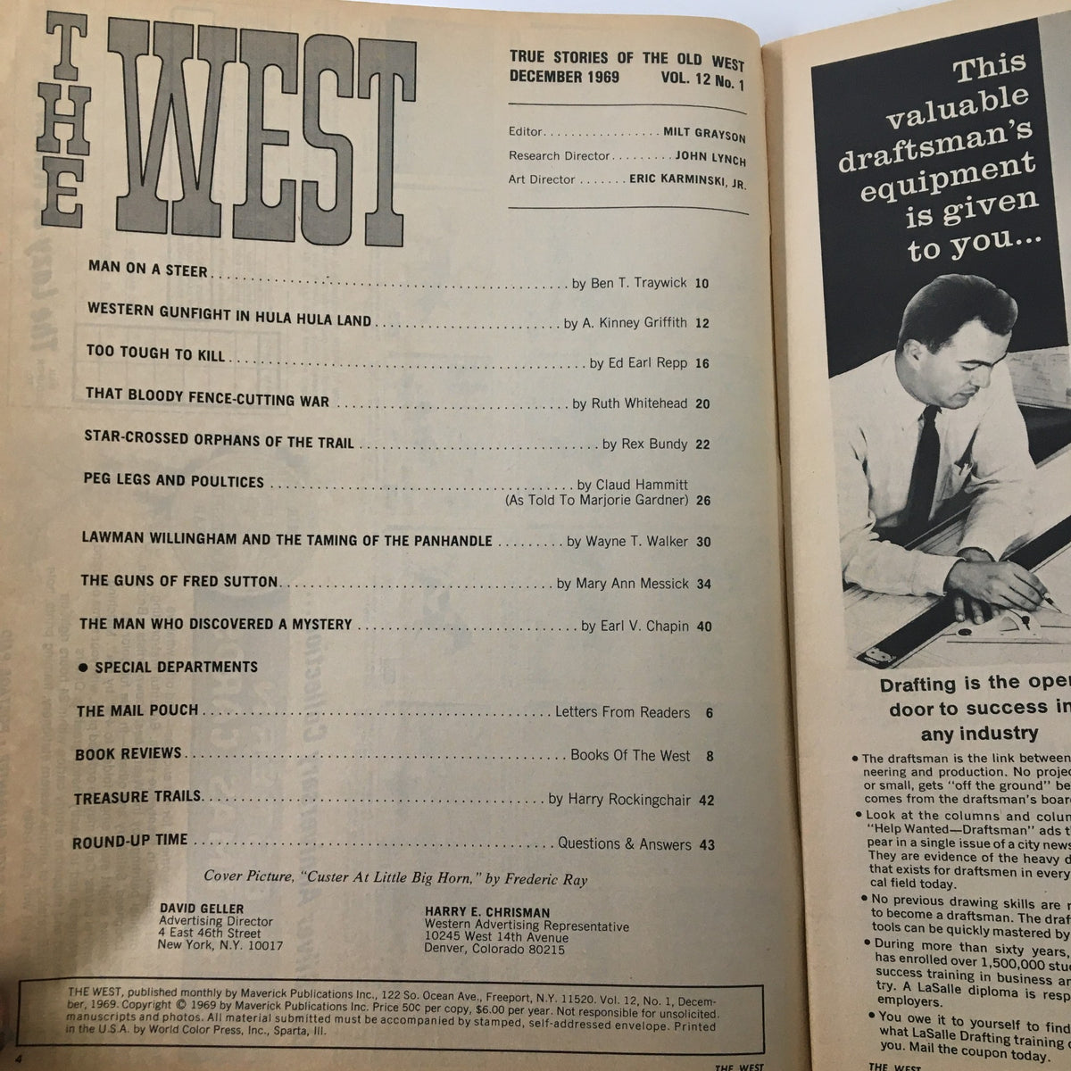 Inside page of VTG The West Magazine December 1969 showing the table of contents and articles including 'That Bloody Fence-Cutting War'.