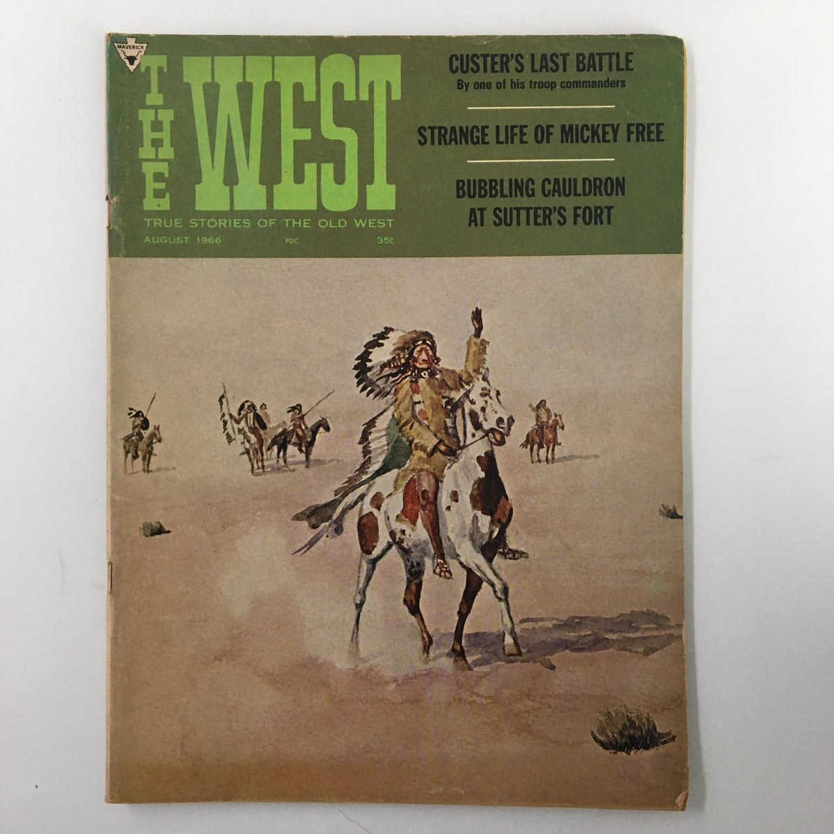Cover of VTG The West Magazine August 1966 showcasing the title 'The West', featuring the main story 'Strange Life of Mickey Free', with an illustration of a Native American on horseback.