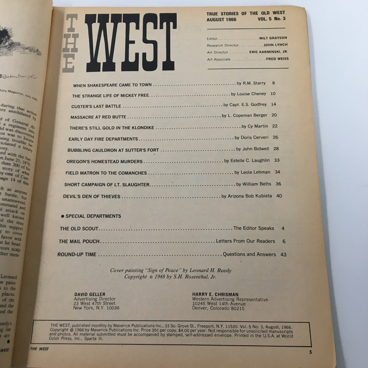 Interior page of VTG The West Magazine August 1966, Volume 5 Issue 3, displaying the table of contents highlighting various articles including 'The Strange Life of Mickey Free'.