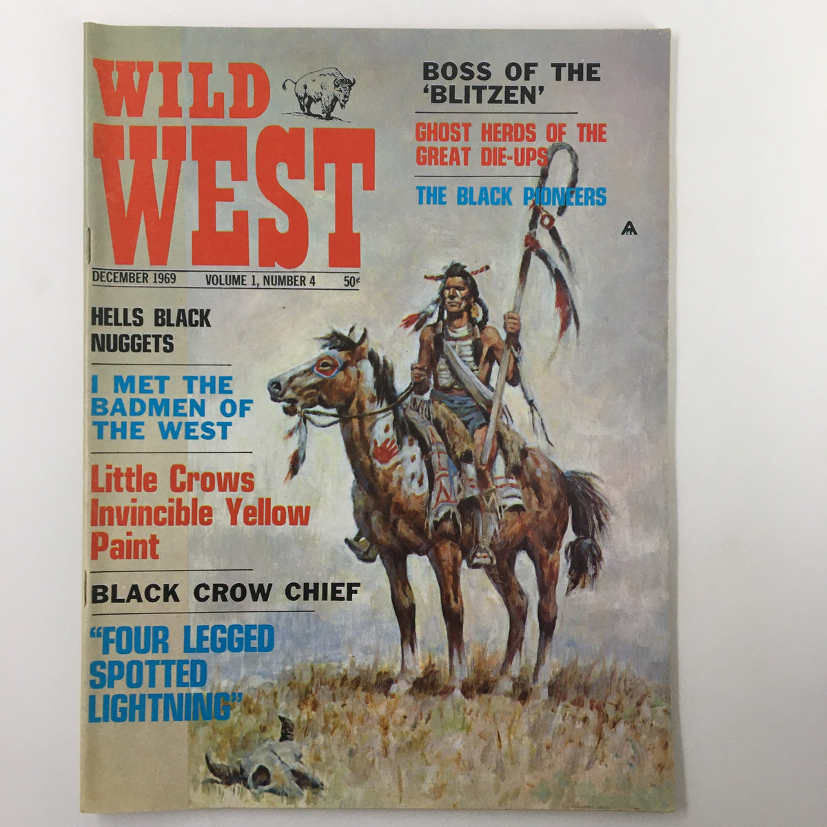 Cover of Vintage Wild West Magazine from December 1969 featuring the title 'Four Legged Spotted Lightning' with colorful illustrations and dramatic western themes.
