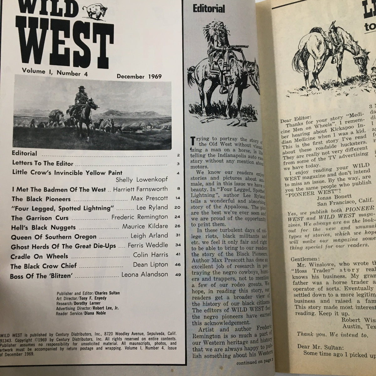 Interior page of Vintage Wild West Magazine from December 1969 displaying the editorial section and table of contents, highlighting stories from the Wild West era.