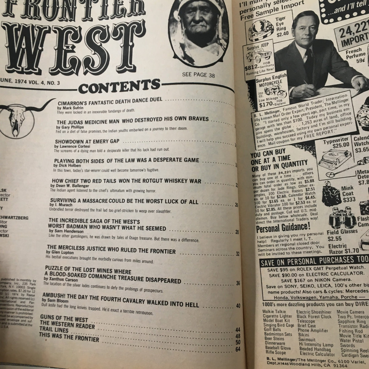 Interior pages of Frontier West Magazine June 1974 Vol 4 #3, displaying the contents section. The layout includes article titles related to Western folklore, highlighting the magazine's exploration of historical themes and narratives.
