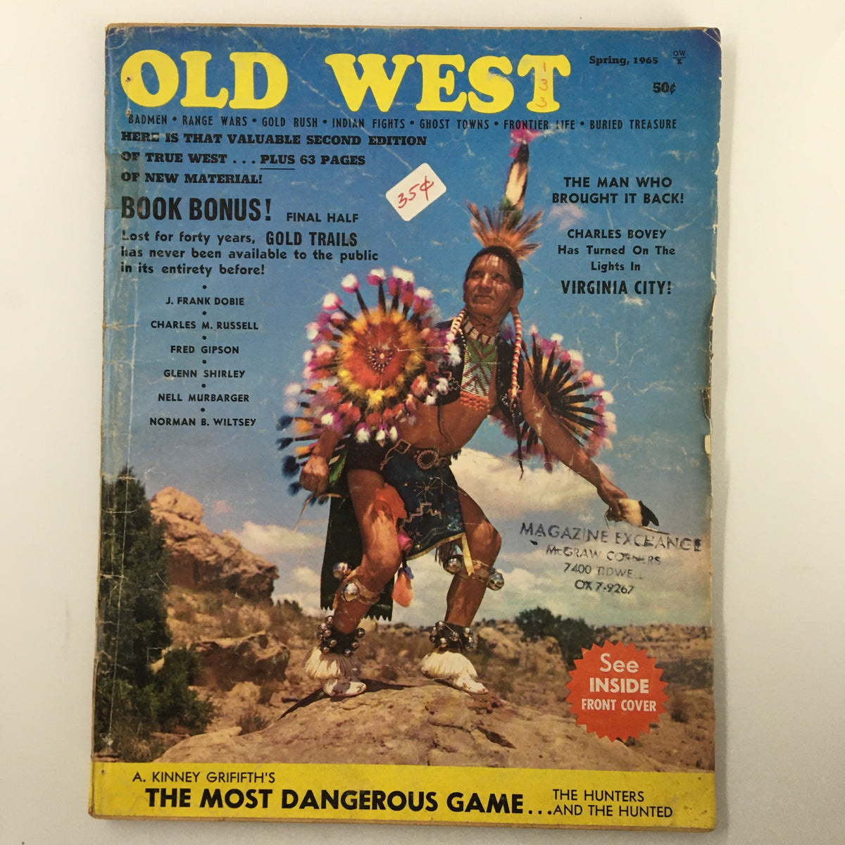 Cover of VTG Old West Magazine Spring 1965, Volume 1, Issue 3 featuring the title 'The Most Dangerous Game'. The magazine displays vibrant artwork of a Native American, along with various Western themes and articles.