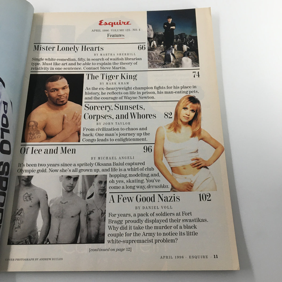 Inside page of Esquire Magazine April 1996 Vol. 125 No. 4 displaying featured articles including Mister Lonely Hearts and The Tiger King, encapsulating the cultural narratives of the era.