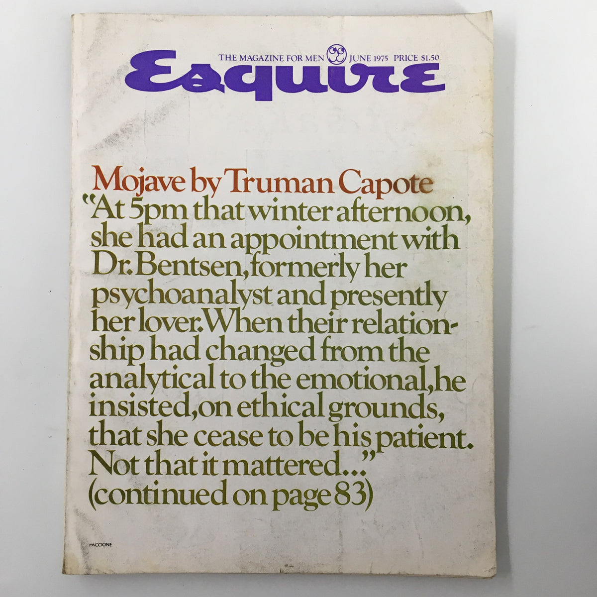 Cover of VTG Esquire Magazine June 1975 featuring the article 'Mojave' by Truman Capote, showcasing its vintage design and print details.