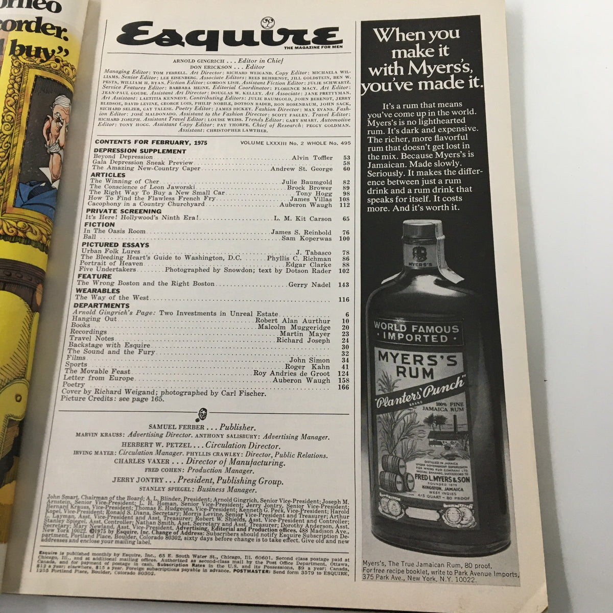 Inside page of VTG Esquire Magazine February 1975 displaying the table of contents and advertising, reflecting the magazine's layout and design.
