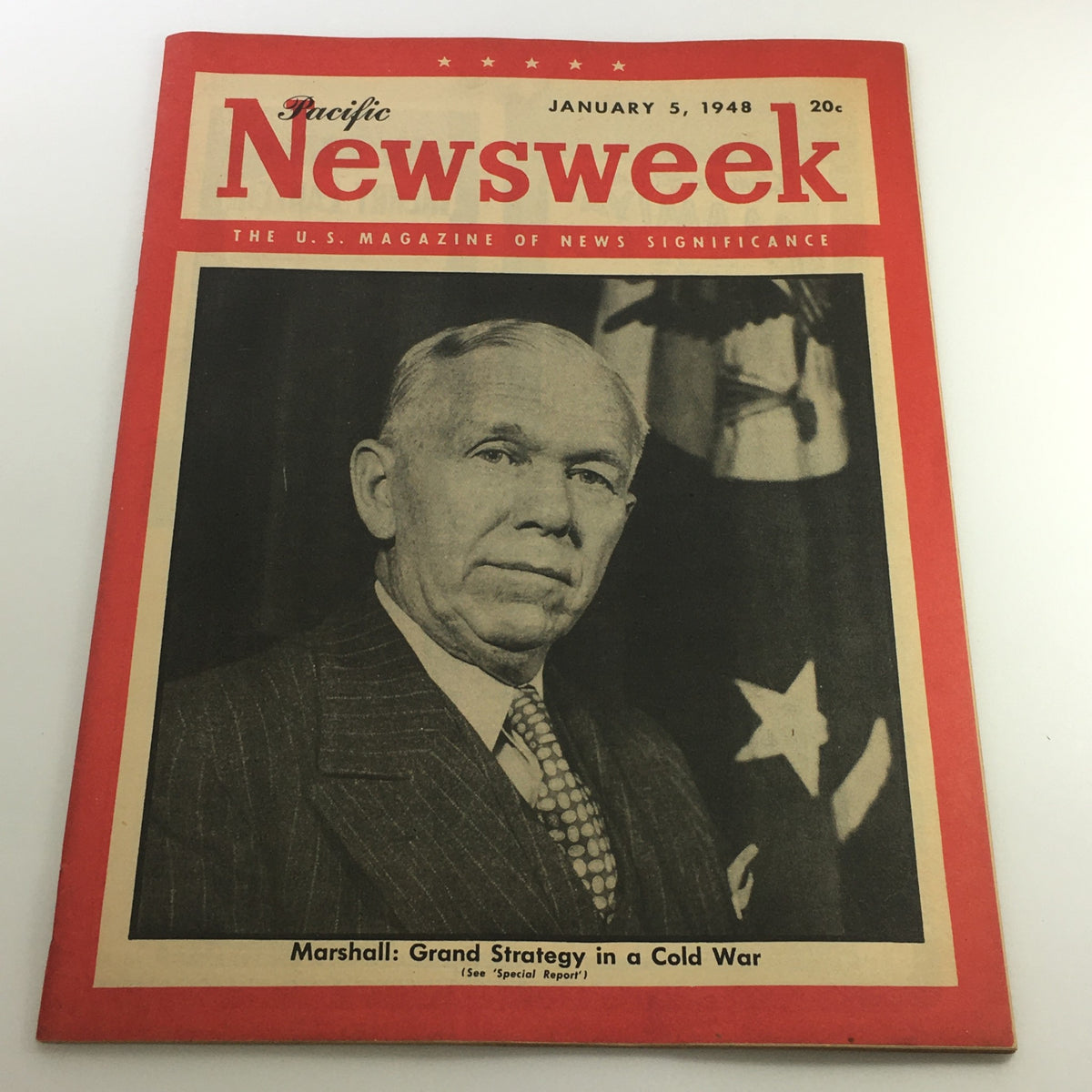 Cover of Newsweek Magazine from January 5, 1948, featuring George Catlett Marshall Jr., highlighting his role in American history with the title 'Marshall: Grand Strategy in a Cold War'.